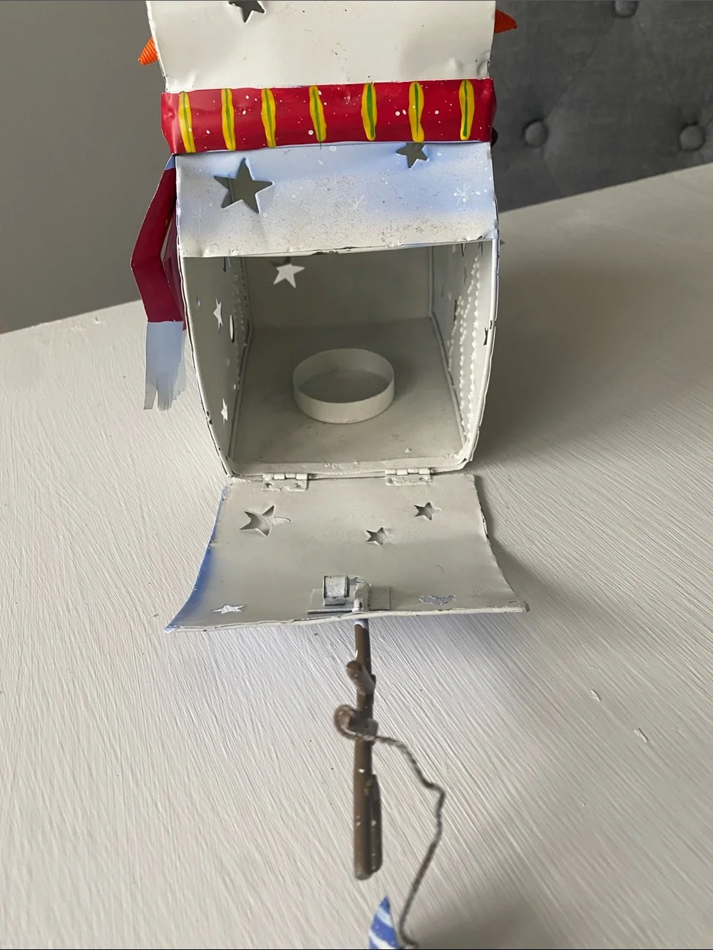 Hand-Painted Metal Snowman Holiday Lantern with Red Scarf Candle Holder